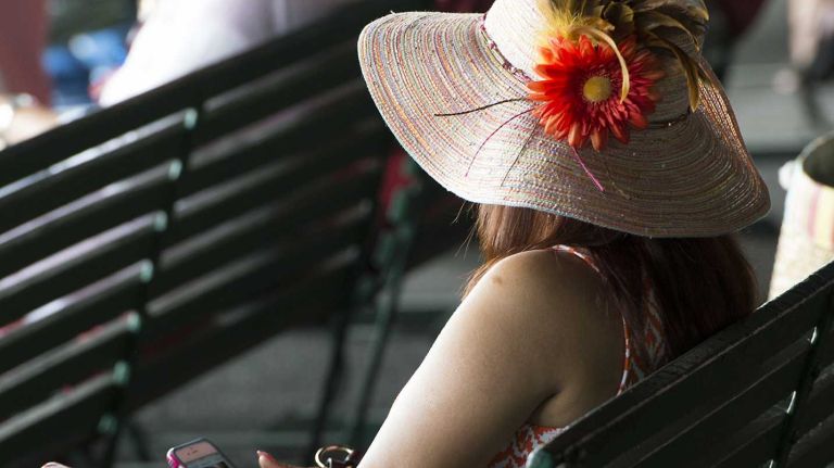 A woman in a fancy hat at the 147th running of the Belmont Stakes on Saturday, June 6, 2015 at Belmont Park in Elmont.