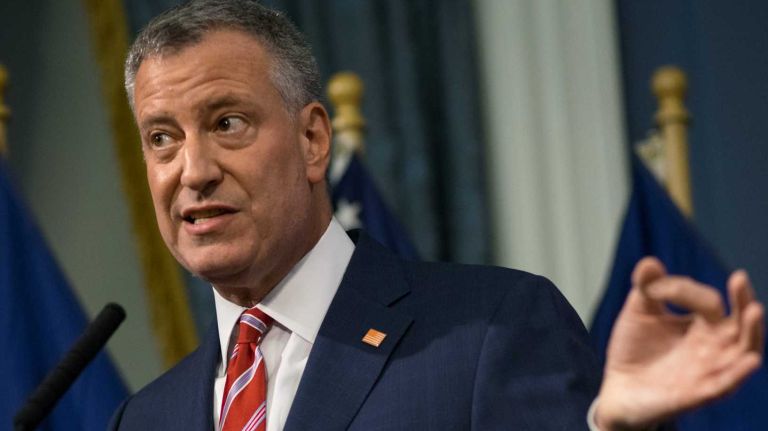 New York City Mayor Bill de Blasio addresses members of the media, taking a few questions about crime statistics released by the NYPD, on Tuesday, June 2, 2015.