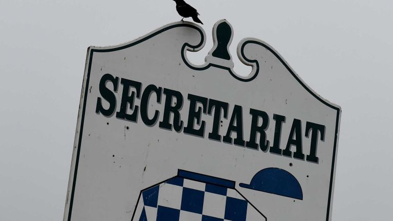 A bird perches on Secretariat's plaque at a monument to all 11 horses who have won the Triple Crown on the infield at Belmont Park on June 1, 2015.