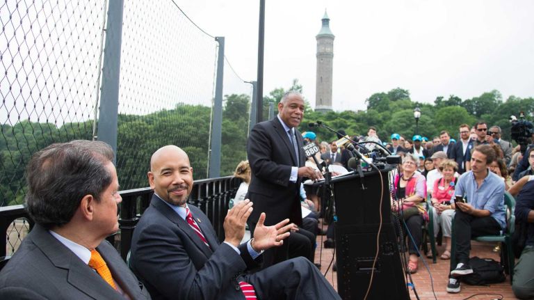 Bronx Borough President Ruben Diaz Jr., ( 2nd left) Celebrating the reopening of the High Bridge the bridge is being reopened as the only interborough bridge designed exclusively for pedestrians and bicyclists. In addition, the restoration of the High Bridge will once again reconnect the two boroughs of Manhattan and the Bronx with more than 125 acres of green space with baseball fields and basketball courts. June 9, 2015