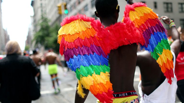 A participant wears multi-colored wings while marching in the Gay Pride Parade on June 28, 2015 in New York City. 