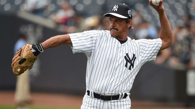 Former New York Yankees Ron Guidry throws the baseball at batting practice during the 69th Old-Timers' Day at Yankee Stadium before a baseball game between the Yankees and the Detroit Tigers on Saturday, June 20, 2015.