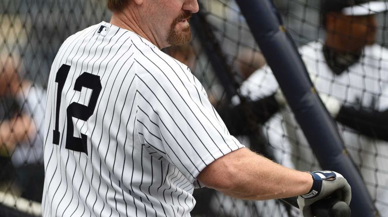 Former New York Yankees Wade Boggs looks on from behind the batting cage at batting practice during the 69th Old-Timers' Day at Yankee Stadium before a baseball game between the Yankees and the Detroit Tigers on Saturday, June 20, 2015.