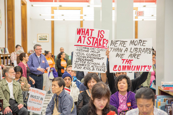 Supporters rallied on June 1 at the Seward Park Library on the Lower East Side to call for greater funding for the city’s public libraries.