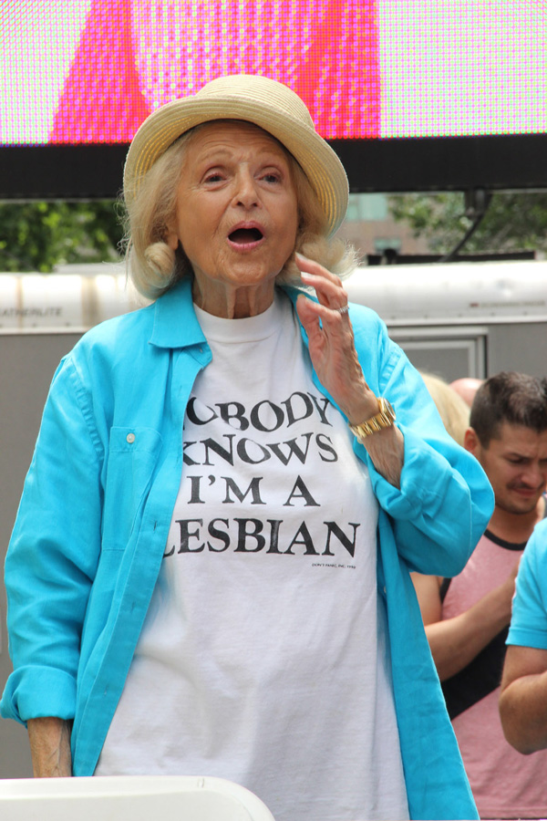 Among those at the celebration outside the Stonewall was Edie Windsor, the Village resident who was the plaintiff in the lawsuit that overturned parts of DOMA (the Defense of Marriage Act).   Photo by Tequila Minsky
