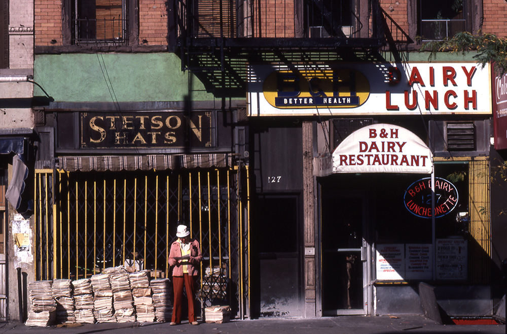 The storefront of B&H kosher dairy, right, on Second Avenue in 1983. The initials, which originally stood for Bergson & Heller, the two owners, were later also used to promote 'Better Health'. Photo by David Godlis.
