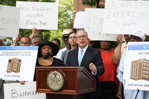 Tenants Scrutinize NextGen NYCHA 2 Residents say they often have to wait months for apartment repairs, a situation corroborated by city Comptroller Scott Stringer (seen here at a July 13 event marking the release of his NYCHA audit).