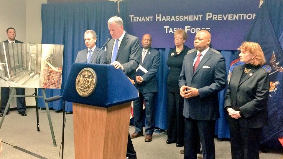 DOB Pledges Action on Application Fraud 3 On Feb. 19 of 2015, NY State and City leaders and agencies came togethet to announce the establishment of a Tenant Harassment Prevention Task Force. Photo: NYC Department of Housing Preservation & Development.