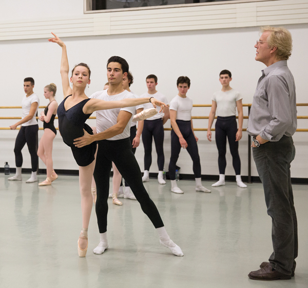 Clara Ruf-Maldonado in a partnering class at the School of American Ballet, with SAB Artistic Director Peter Martins looking on.   Photo by Rosalie O’Connor