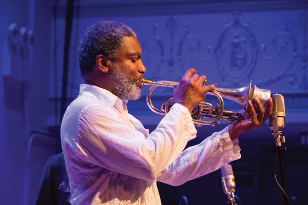 Graham Haynes, from the OGJB Quartet, performed at Jerome Cooper’s memorial.    Photos by Cody Brooks