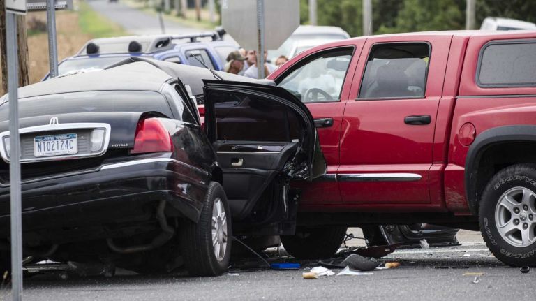 The scene on Route 48 and Depot Lane in Cutchogue, where a first responder said there were reports that a crash between a limousine and a pickup truck resulted in multiple fatalities on Saturday, July 18, 2015.
