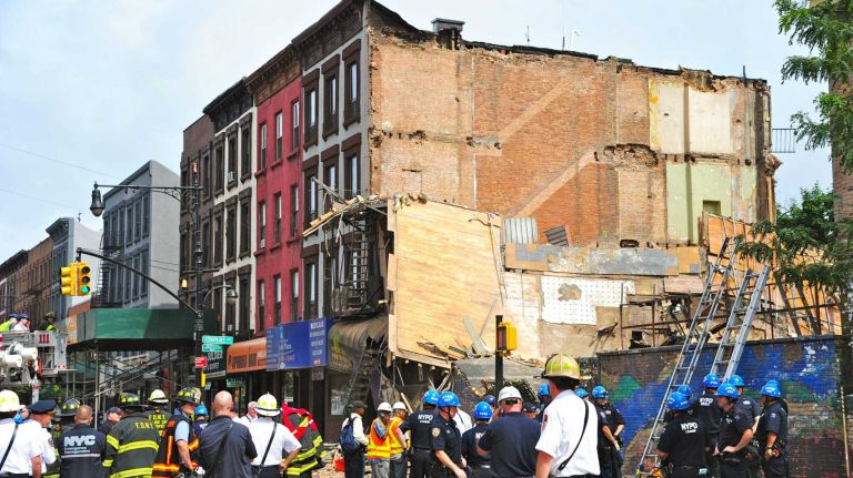 A four-story building at 1438 Fulton St. in the Bed-Stuy section of Brooklyn, collapsed just before 2:30 p.m. on Tuesday, July 14, 2014. The FDNY says three people were treated for non-life-threatening injuries.