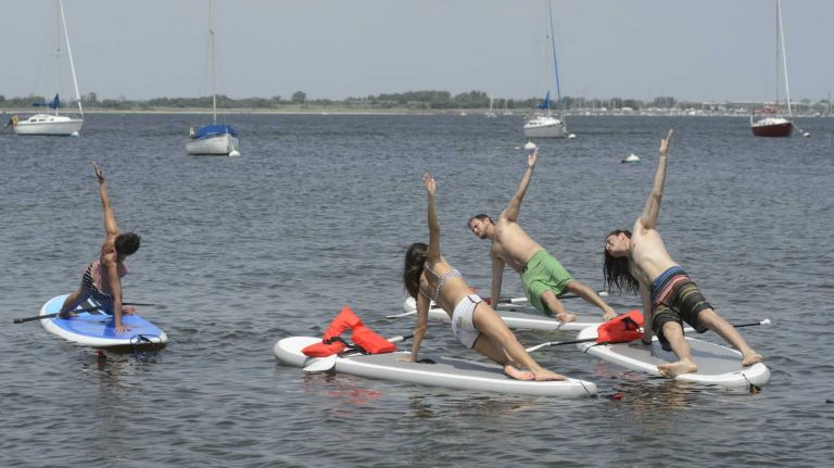 Participants in Pop Up Yoga NYC perform yoga poses on standup paddle boards in Jamaica Bay on Sunday, July 26, 2015. 
