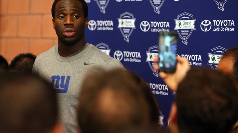 New York Giants cornerback Prince Amukamara speaks to the media after team conditioning drills at the Quest Diagnostics Training Center in East Rutherford, N.J., on Thursday, July 30, 2015.