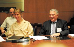 Tessa Huxley and Vince McGowan in 2013 at a Battery Park City Authority meeting announcing McGowan's recent departure.  Downtown Express file photo by Terese Loeb Kreuzer