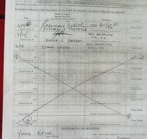 One of the pages of ballot petition signatures collected for Gigi Li and signed for by Yume Kitasei, Councilmember Margaret Chin's chief of staff. Although Kitasei allegedly signed as subscribing witness for up to 15 pages of voter signatures, the lawsuit charged that Kitasei did not actually witness the signings, which would constitute fraud.