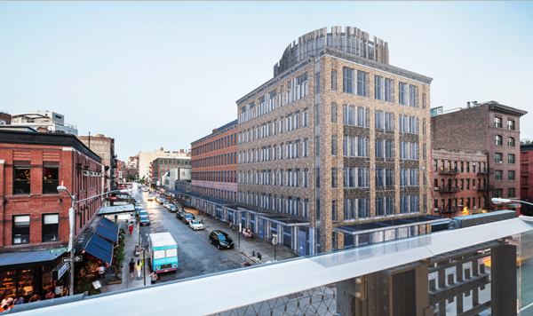 An architect’s rendering of how the landlord and developer envision the south side of Gansevoort St. between Greenwich and Washington Sts. looking under their rebuilding plan. The corner building is currently only one story tall and the building to the east of it is two stories tall.  BKSK ARCHITECTS