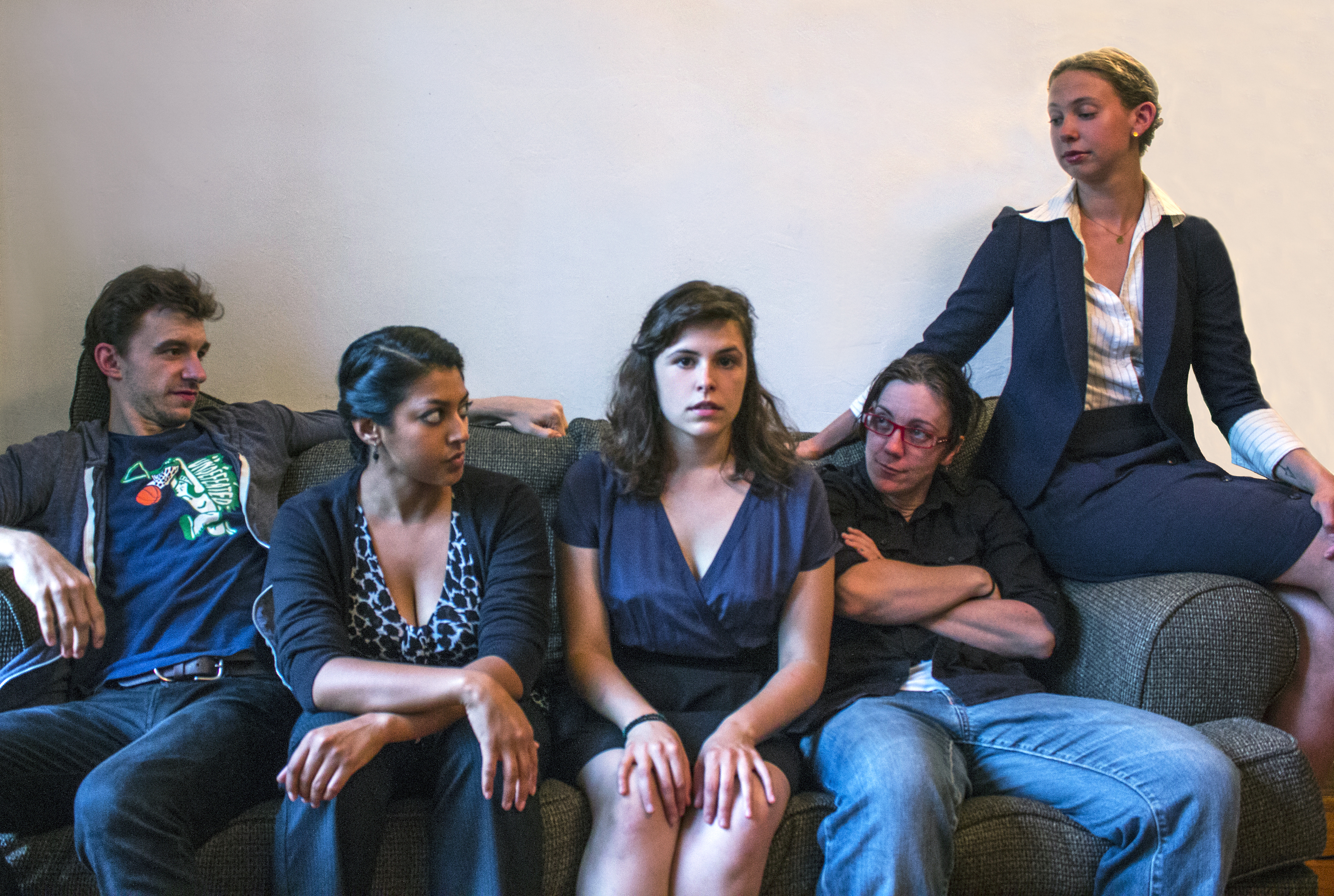 No Quick Fixes, When ‘Coping’ With Death 1 Couch trip: Scott Thomas, Lipica Shah, Lauren LaRocca, Lauren Hennessy and Dinah Berkeley prep for a funeral. Photo by Michael Diaz.