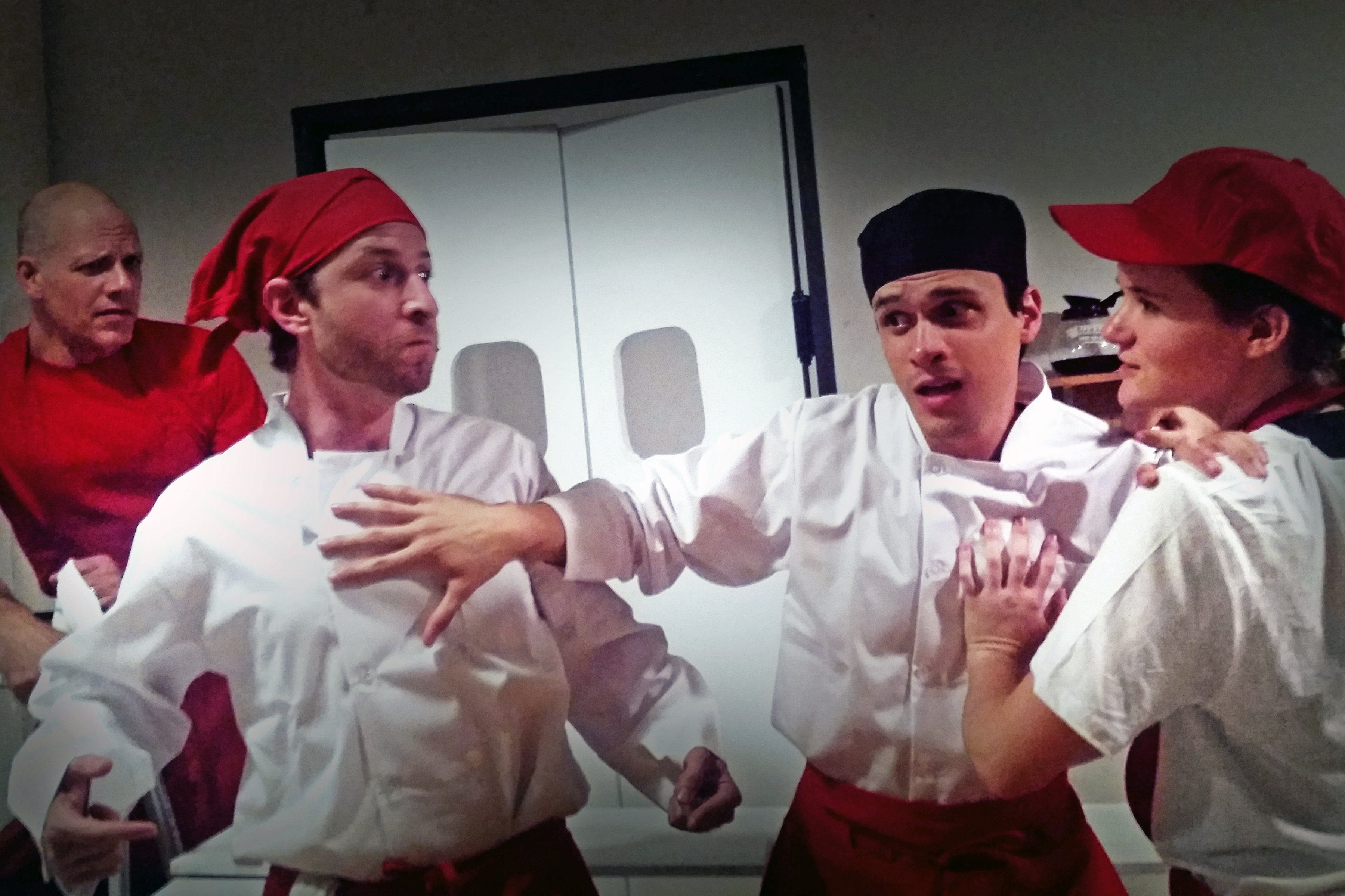 Half of ‘Dead Lunch’ is Easy to Digest 1 L to R: Adam Pagdon, Jeff Solomon, Maxwell Moran and Leah Alfieri each pull double duty as disparate characters. Photo by Tony Borden.