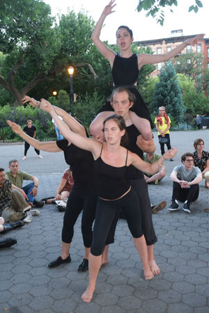 Members of the Living Theatre held this pose as other dancers circled them telling the history of the Lenape, the Native American tribe that once inhabited Manhattan but were displaced by the European colonizers.