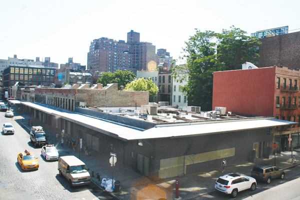Viewed from atop the High Line, the south side of Gansevoort St. between Greenwich and Washington Sts., which is owned by the Gottlieb company. An eight-story tower is planned at the west-end corner, in the foreground. Rooftop additions would be added to the buildings midblock, though not above the Gansevoort Market food hall. At the far eastern end of the block, Gottlieb plans to demolish 50 Gansevoort St., though has not made public its ideas for that site yet.  BY YANNIC RACK