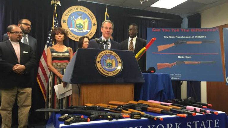 Attorney General Eric Schneiderman announces a settlement on toy guns with big box retails in Manhattan on August 3, 2015.