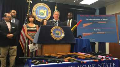 Attorney General Eric Schneiderman announces a settlement on toy guns with big box retails in Manhattan on August 3, 2015.