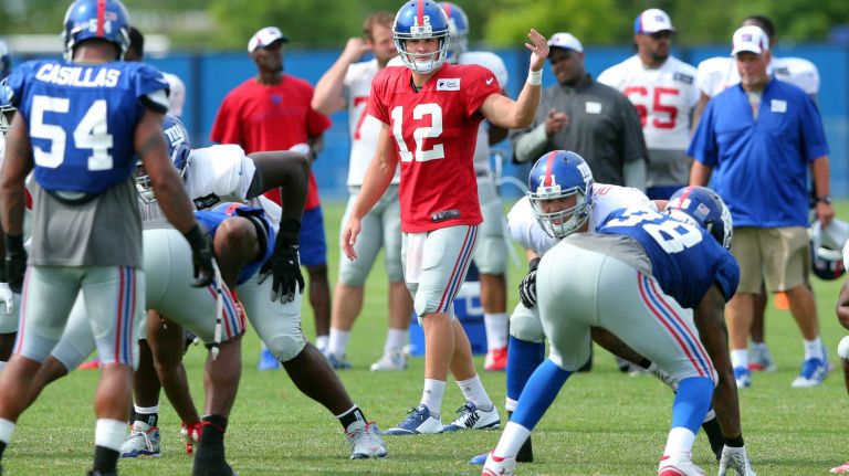 New York Giants quarterback Ryan Nassib gestures at the line of scrimmage during training camp at the Quest Diagnostics Training Center in East Rutherford, N.J., on Saturday, Aug. 8, 2015.