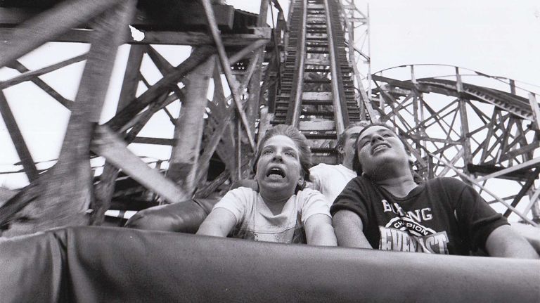 Jonathan Joura and Chris Voytasko ride the Cyclone roller coaster for the third consective time. (May 23, 1987)