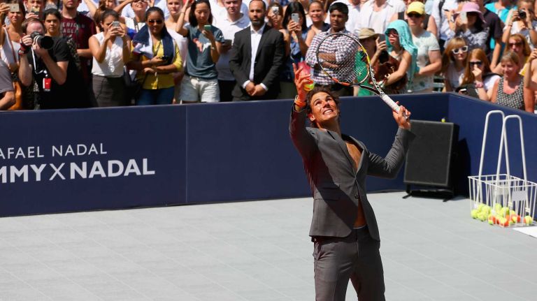 NEW YORK, NY - AUGUST 25: Rafael Nadal plays tennis at the Tommy Hilfiger and Rafael Nadal Global Brand Ambassadorship Launch at Bryant Park on August 25, 2015 in New York City. (Photo by Mike Stobe/Getty Images for Tommy Hilfiger)