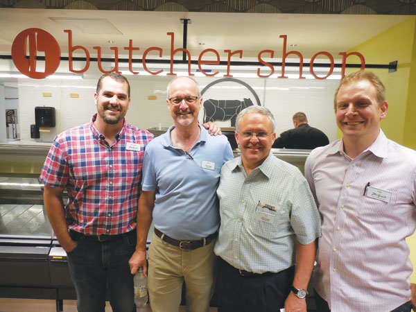 Mrs. Green’s, thanks for schwag, but who are you? 1 At the Mrs. Green’s pre-opening event, from left, Matthew Bell, David Kiser, C.E.O. Pat Brown and Henry Balle. Bell and Balle oversee the store’s meat and seafood and Kiser handles promotions. Photo by Sharon Woolums