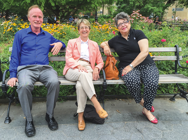 Assemblymember Deborah Glick, center, recently posed for a photo shoot in Washington Square Park with District Leaders John Scott and Jean Grillo. Glick subsequently confirmed it was for a photo for campaign materials for the two candidates in their race against Dennis Gault and Terri Cude. By chance, The Villager photographer happened upon the shoot, which was being done by another photographer.  Photo by Tequila Minsky
