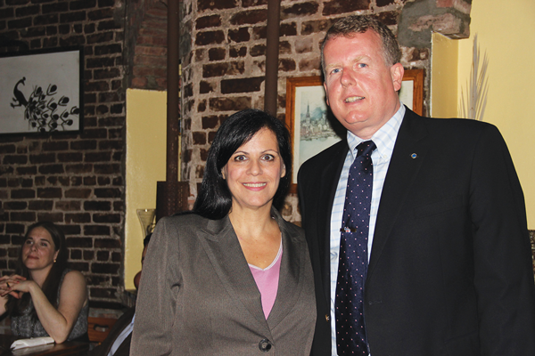 Terri Cude, left, and Dennis Gault at Cude’s recent fundraiser for her district leader campaign.   Photo by Tequila Minsky