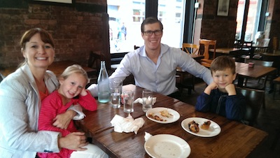 Alicia and Chris Saddock had breakfast Thursday at Acqua before their children's second day at the new Peck Slip School.