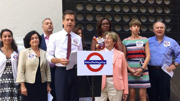 Legislation Targets Income Inequality 3 At the site of the Triangle Shirtwaist Factory fire, State Senator Brad Hoylman, in conjunction with Assemblywoman Deborah Glick (both at podium), announced legislation to combat wage discrimination in New York State. Courtesy office of State Senator Brad Hoylman.