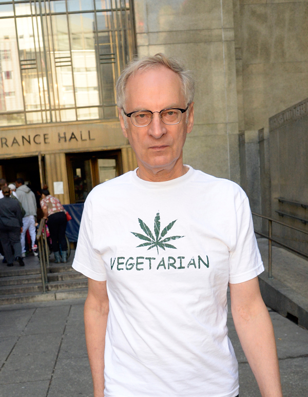 Bernie Goetz outside criminal court in March as he fought a charge for getting caught last year selling a small amount of marijuana to a persistent undercover cop outside Union Square Park.   File photo by Jefferson Siegel