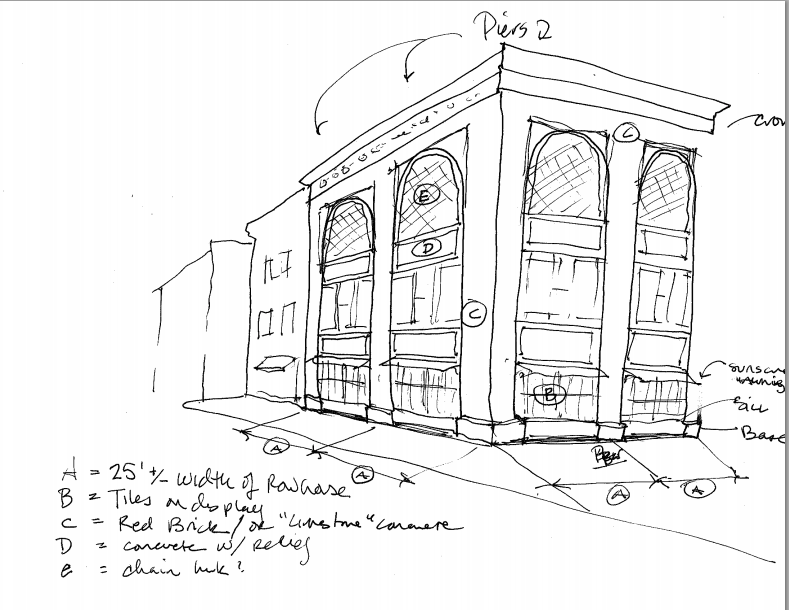 An alternative design by C.B. 2 member Anita Brandt for the emergency fan plant housing that was rejected by the M.T.A.