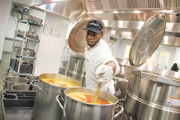 Making soup in 60-gallon vats.