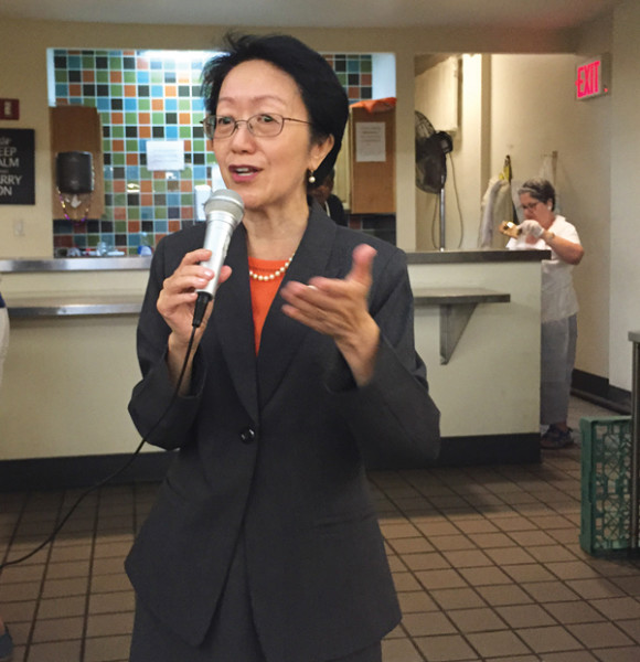 Councilmember Margaret Chin recently spoke at Greenwich House’s senior day program on Washington Square North and mentioned the Elizabeth St. Garden issue.  Photo by Tequila Minsky