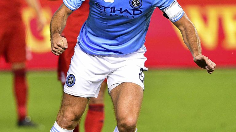 New York City FC midfielder Frank Lampard watches as his shot goes in for a first-half goal in an MLS game against Toronto FC at Yankee Stadium on Wednesday, Sept. 16, 2015.