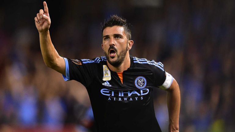 New York City FC forward David Villa (7) celebrates his second half goal during an MLS game at Yankee Stadium on Saturday, Sept. 19, 2015.