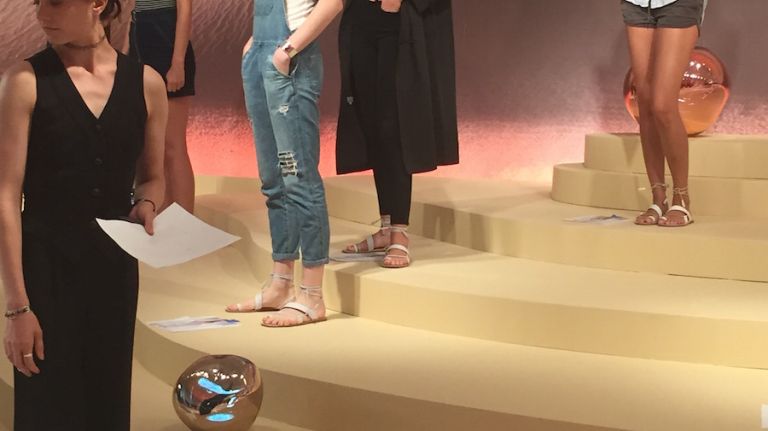 Models rehearse for the Elie Tahari Spring 2016 show during New York Fashion Week on September 13, 2015.