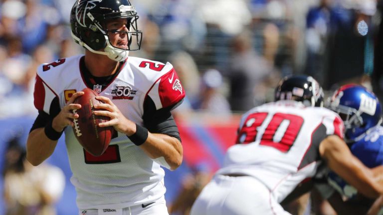 Quarterback Matt Ryan #2 of the Atlanta Falcons looks to pass the ball against the New York Giants during an NFL game at MetLife Stadium on Sunday, Sept. 20, 2015.