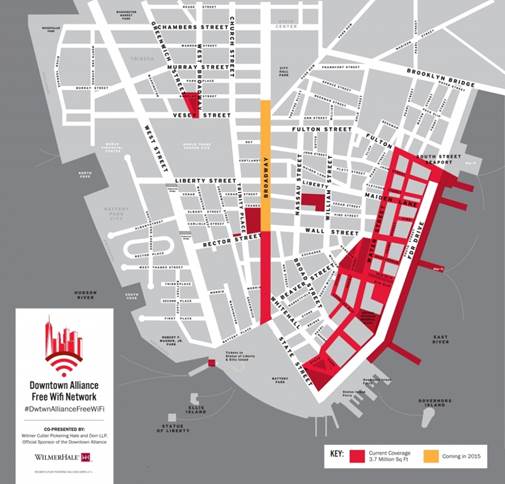 The free Wi-Fi network in Lower Manhattan now includes the southern portion of Broadway, from the Battery to Trinity Church. Another stretch (in red) will be added later this year.