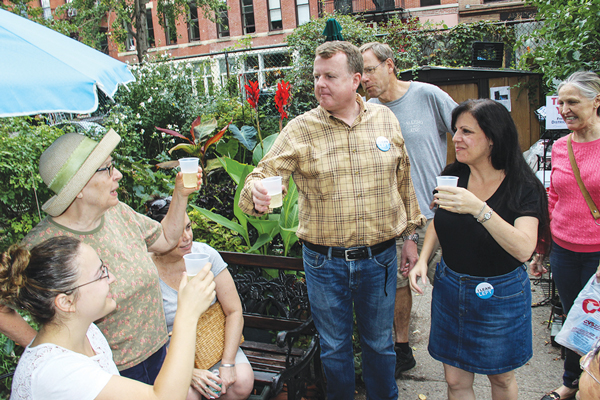 Under Cover, Week of Sept. 24, 2015 1 Victory Toast | Dennis Gault and Terri Cude, right, the new Democratic district leaders of Part B of the 66th Assembly District, toasted their victory Sept. 13 in the LaGuardia Corner gardens. Gault, a Battery Park City resident, and Cude from the Village each got about 68 percent of the vote Sept. 10, defeating incumbents John Scott and Jean Grillo. There’s been a kerfuffle over mailings sent by Downtown Independent Democrats criticizing Scott and Grillo, but for his part Scott, who also criticized the campaign literature, wrote in a letter to Downtown Express (P. 18) that he didn’t think the mailings affected the result. Downtown Express photo by Tequila Minksy