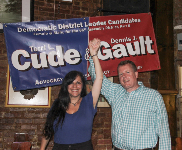 Terri Cude, left, and Dennis Gault at their victory party at Panchito's Mexican restaurant on MacDougal St. after winning Thursday night's district leader election. Photo by Tequila Minsky