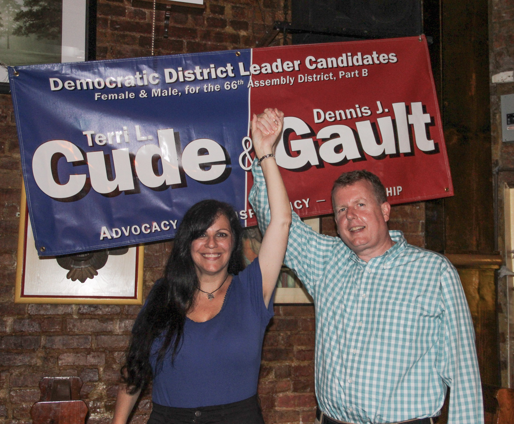 Terri Cude and Dennis Gault declaring victory Sept. 10 in their Democrtic district leader races. Downtown Express photo by Tequila Minsky.