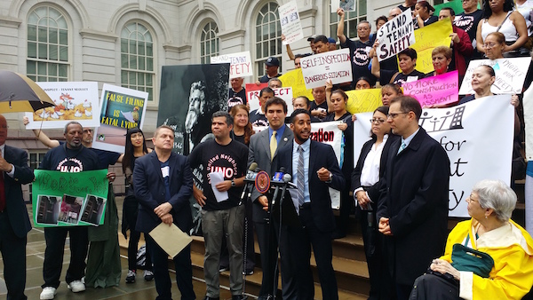 Forces Join to End Tenant Harassment 1 Councilmember Antonio Reynoso speaks at a recent press conference held by Stand For Tenant Safety, showing the unity of elected and citizens on this issue. Photo Courtesy Angee Cortorreal, Cooper Square Committee.