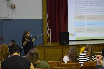 Waitlists, Disparate Resources Make For Heated UWS School Rezoning Debate 3 City Councilmember Helen Rosenthal addresses the audience at the October 17 hearing. | JACKSON CHEN