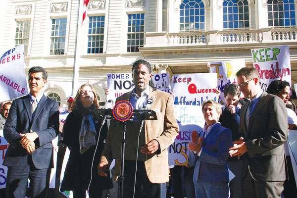 Photo by Yannic Rack Joined by tenant activists at a City Hall press conference last week, politicians said Airbnb must be held accountable, from left, City Councilmembers Ydanis Rodriguez, Helen Rosenthal and Jumaane Williams, Assemblymember Deborah Glick and Councilmember Mark Levine.